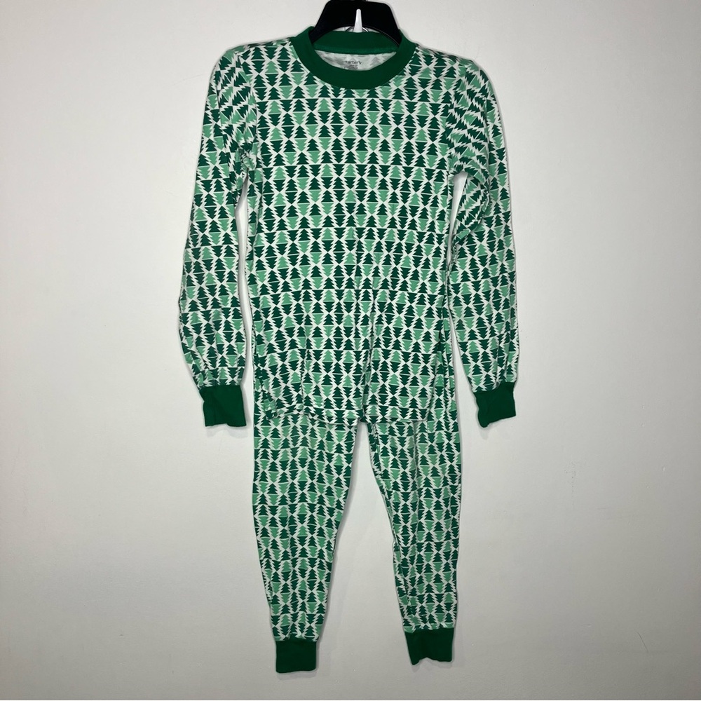 Carters Christmas tree pajama set long sleeve pants women's size XS green white